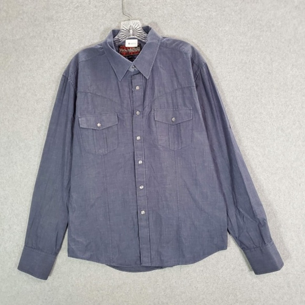 Rock & Roll Cowboy Men Button Up Shirt Large‎ Blue Western Pearl Snap Pockets